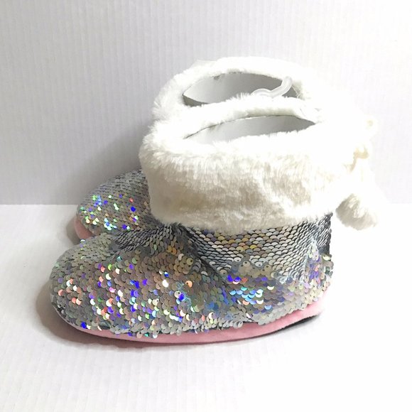 Girls Silver White Booties with Sequins, Warm Sparkly Slippers, Great Gift NWT - Picture 3 of 8